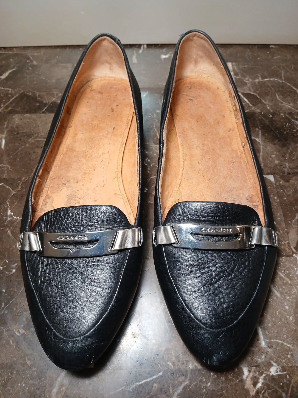 Coach Black Leather Pointed-Toe Loafers with Silver Hardware